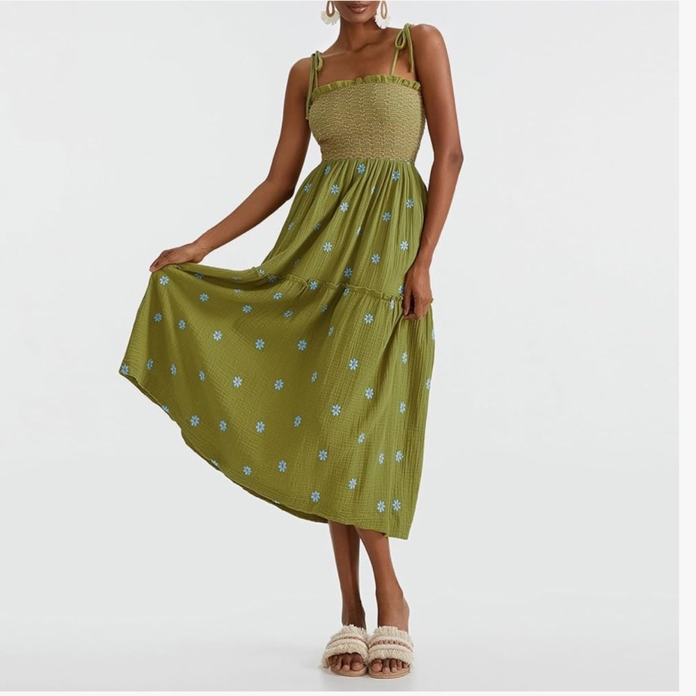 Smocked Tiered Midi Dress in Olive Green - Picture 4 of 10